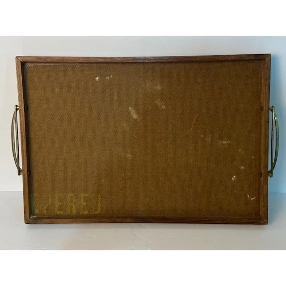 Vintage Mid Century Modern Mosaic Tile Wood Serving Tray Brass Handles Vered